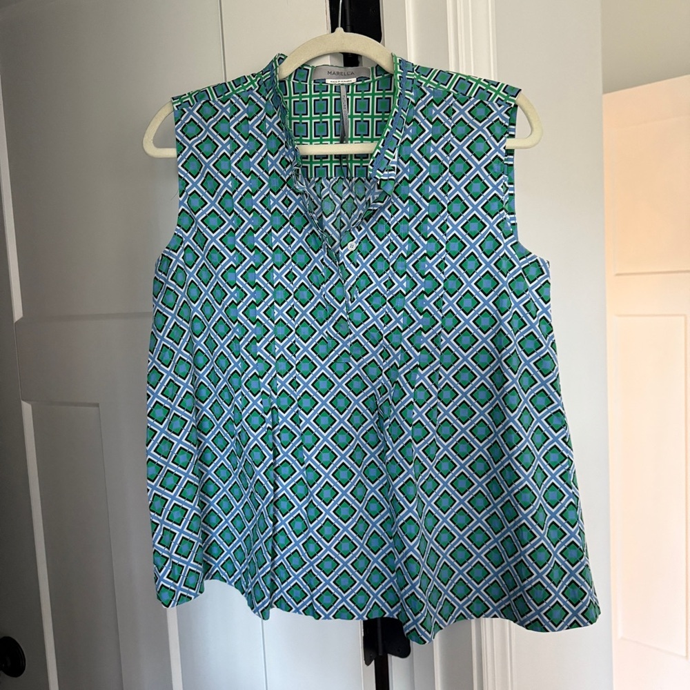 Marella Linz Sleeveless Pleated Multicolor Geometric Blouse Top cotton